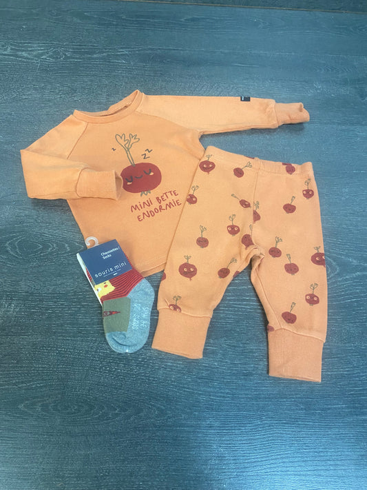 Friperie - pyjama 2 morceaux usagé et bas neuf - souris mini 6-9 mois