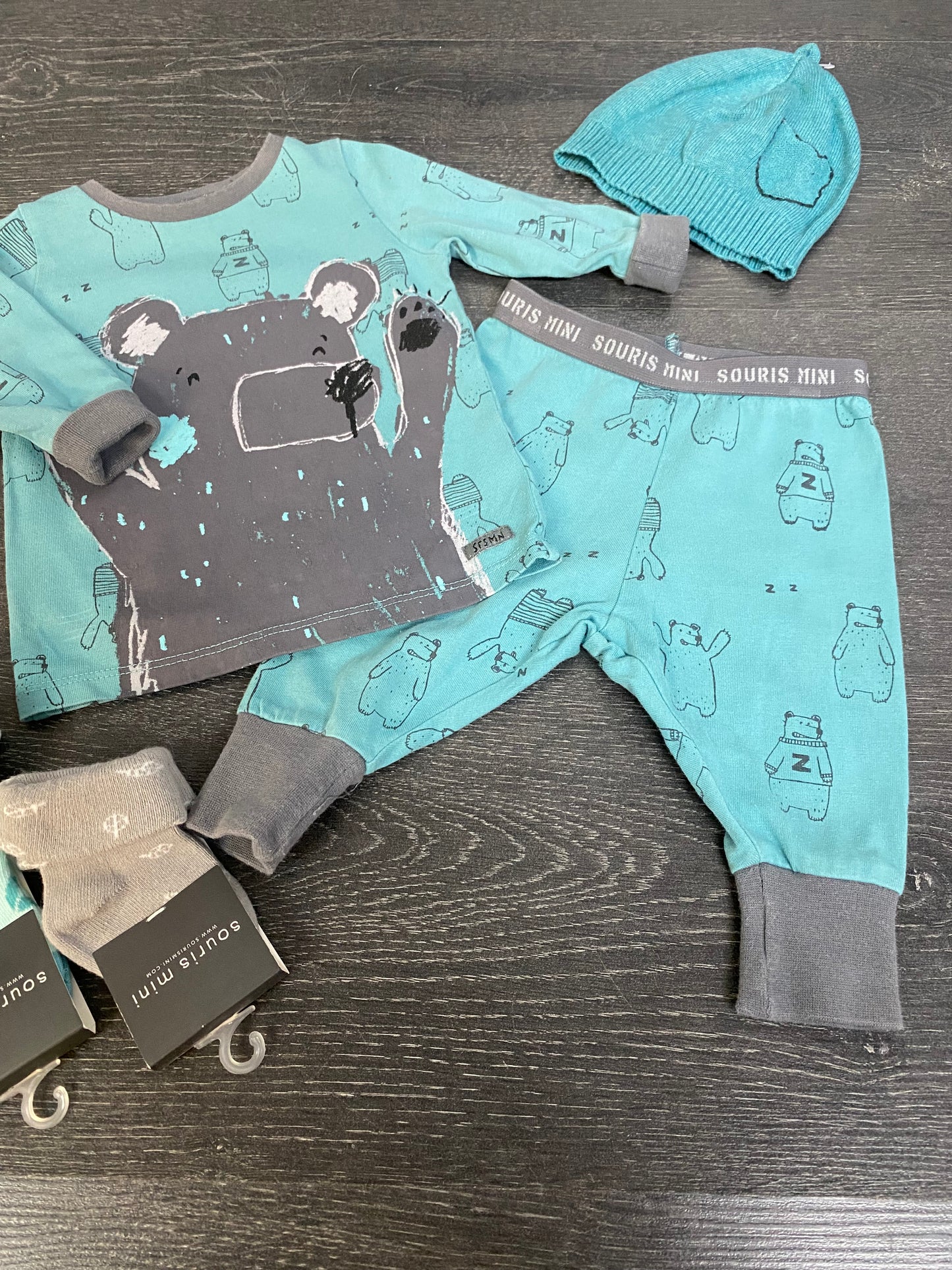 Neuf et usagé - souris mini - pyjama 3-6 mois, 1x bas nn-1 mois, 1 x bas 3-6 mois -  1x bonnet tricot xsmall layette - sourismini