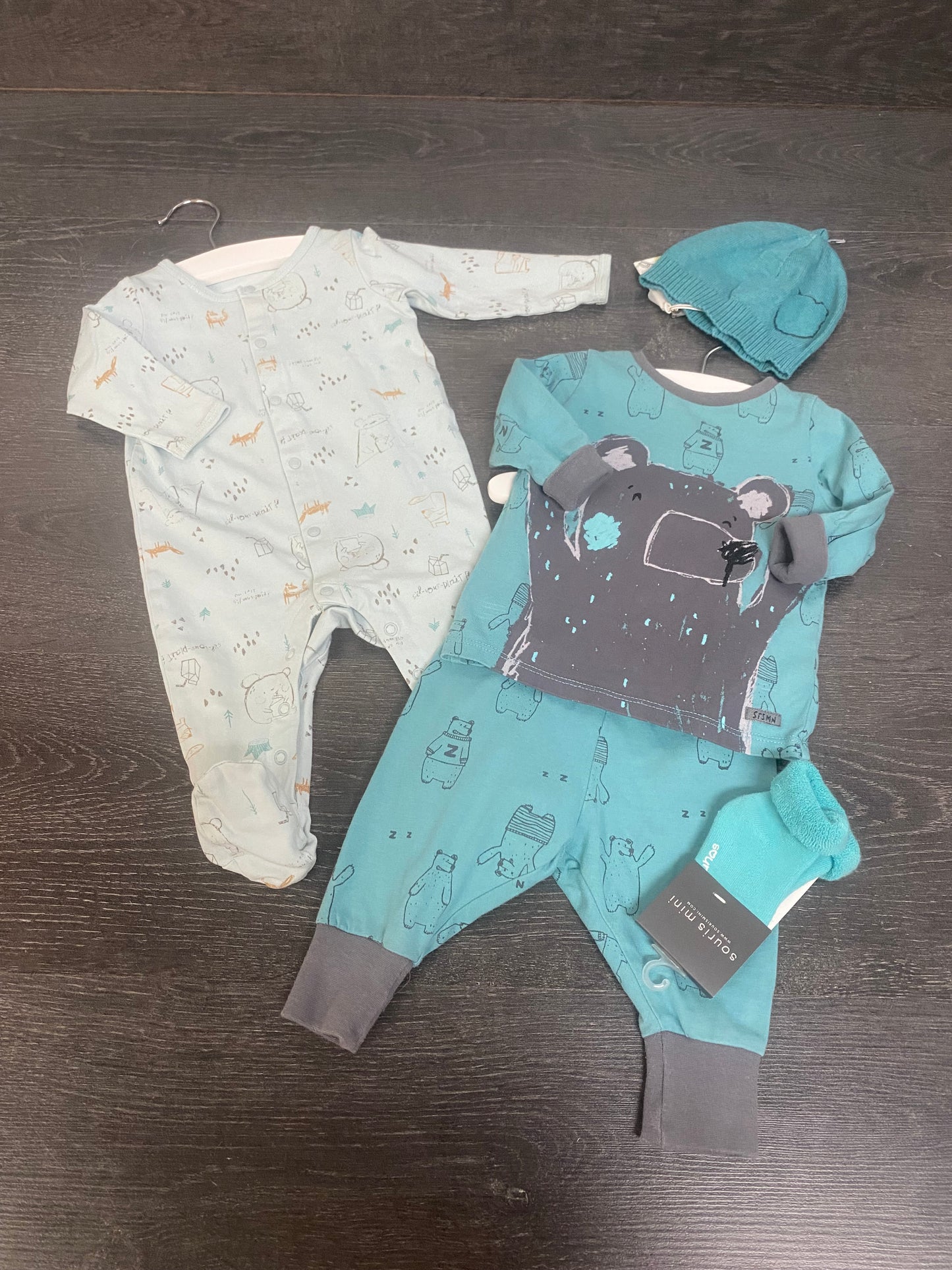 Friperie - pyjama 2mcx, pyjama, 1 bonnet et 1 bas - 3-6 mois - sourismini